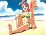  2girls asymmetrical_bangs bangs barefoot beach bikini day hand_on_own_knee head_out_of_frame long_hair multiple_girls navel oda_miyuki official_art open_mouth outdoors pink_hair red_eyes sitting soles standing striped striped_bikini swimsuit yamada_masaki zenkoku_seifuku_bishoujo_grand_prix 