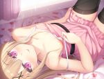  1girl :p absurdres bangs bed bed_sheet black_legwear blonde_hair collarbone commentary_request curtains eyebrows_visible_through_hair flat_chest hair_ornament heart heart_print highres lifted_by_self light_particles lying on_back original purple_eyes shinigami_(tukiyomiikuto) sleepwear strap_slip thighs tongue tongue_out window x_hair_ornament 