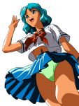  1girl aqua_hair belly_peek blue_eyes blue_skirt green_panties highres official_art open_mouth panties pleated_skirt school_uniform short_hair short_sleeves simple_background skirt solo underwear upskirt waving white_background wind wind_lift yamada_masaki zenkoku_seifuku_bishoujo_grand_prix 