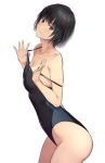  1girl amagami black_eyes black_hair black_swimsuit bob_cut commentary_request competition_swimsuit cowboy_shot looking_at_viewer nanasaki_ai nozomi-y one-piece_swimsuit short_hair simple_background smile solo standing swimsuit swimsuit_pull white_background 