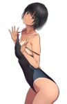  1girl amagami black_eyes black_hair black_swimsuit bob_cut commentary_request competition_swimsuit cowboy_shot looking_at_viewer nanasaki_ai nozomi-y one-piece_swimsuit one-piece_tan short_hair simple_background smile solo standing swimsuit swimsuit_pull tan tanline white_background 
