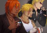  3boys ashwatthama_(fate/grand_order) bangs beard beowulf_(fate/grand_order) biker_clothes bikesuit blonde_hair chest dark_skin dark_skinned_male face_jewel facial_hair fate/grand_order fate_(series) fingerless_gloves gloves holding iduhara_jugo jacket jewelry leather leather_jacket long_sleeves looking_to_the_side male_focus multiple_boys muscle necklace open_mouth pectorals red_eyes red_hair sakata_kintoki_(fate/grand_order) sakata_kintoki_rider_(fate/grand_order) scar shirtless sunglasses tank_top tattoo upper_body yellow_eyes 