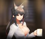  1girl animal_ear_fluff animal_ears arknights bangs black_hair blurry blurry_background breasts brown_eyes cigarette collarbone commentary_request cup eyebrows_visible_through_hair hair_between_eyes highres holding holding_cup large_breasts long_hair long_sleeves looking_at_viewer mouth_hold mug multicolored_hair penguin_logistics_logo red_hair shirt shovelwell sidelocks smoke smoking solo streaked_hair texas_(arknights) upper_body white_shirt wolf_ears 