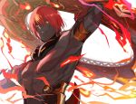  1boy abs armor ashwatthama_(fate/grand_order) bangs chest dark_skin dark_skinned_male fate/grand_order fate_(series) fire forehead_jewel glowing glowing_eyes holding huge_weapon looking_at_viewer male_focus muscle nipples red_hair rozu_ki shirtless simple_background sketch solo teeth upper_body weapon wheel white_background yellow_eyes 