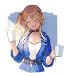  1girl :d ^_^ black_choker blue_jacket blush breasts brown_hair choker cleavage closed_eyes collarbone cropped_torso cup facing_viewer head_tilt highres holding holding_cup idolmaster idolmaster_shiny_colors izumi_mei jacket long_hair long_sleeves medium_breasts mug o-ring o-ring_choker one_side_up open_mouth shiba_0 shirt smile solo upper_body white_shirt 