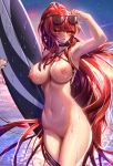  1girl absurdres areola_slip areolae bangs bare_shoulders been behind_back black_nails blush breasts closed_mouth collarbone commentary cowboy_shot criss-cross_halter elesis_(elsword) elsword eyebrows_visible_through_hair groin halterneck hand_up highres holding_surfboard legs_together long_hair looking_at_viewer nail_polish navel nipples nude ocean outdoors red_hair sidelocks sky solo standing stomach surfboard very_long_hair wet 