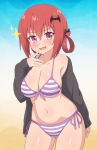  1girl bangs bat_hair_ornament bikini black_jacket blue_background blush breasts cleavage collarbone commentary cowboy_shot eyebrows_visible_through_hair fang front-tie_bikini front-tie_top gabriel_dropout gradient gradient_background hair_between_eyes hair_ornament hair_rings hand_up highres jacket kurumizawa_satanichia_mcdowell large_breasts long_sleeves looking_at_viewer navel nyaroon off-shoulder_jacket open_mouth purple_bikini purple_eyes red_hair shiny shiny_hair shiny_skin side-tie_bikini single_bare_shoulder skin_fang smile solo sparkle standing striped striped_bikini swimsuit thighs tongue white_background 