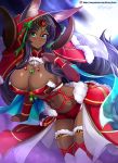  1girl absurdres animal_ears aqua_eyes ass breasts bridal_gauntlets christmas cleavage dark_skin ears_through_headwear eyeliner fate/grand_order fate_(series) forehead_jewel fur_trim gem head_chain highres horns horns_through_headwear jackal_ears large_breasts long_hair looking_at_viewer makeup purple_hair queen_of_sheba_(fate/grand_order) solo vilde_loh_hocen 