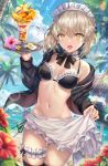  1girl apron artoria_pendragon_(all) artoria_pendragon_(swimsuit_rider_alter) bangs bare_shoulders beach bikini bird black_bikini black_bow black_jacket black_legwear blue_sky blurry blush bow bowtie braid breasts choker cleavage cowboy_shot depth_of_field fate/grand_order fate_(series) flower food french_braid frilled_bikini frilled_choker frills fruit hibiscus highres hood hoodie ice_cream jacket leg_garter light_particles long_hair long_sleeves looking_at_viewer maid_apron maid_bikini maid_headdress medium_breasts melon navel ocean off_shoulder open_clothes open_hoodie open_jacket open_mouth orange orange_slice outdoors palm_tree parfait peach pocky raspberry red_flower seagull skindentation sky spoon stomach sundae sunlight swimsuit thighhighs thighs torino_akua tray tree waist_apron water water_drop whipped_cream white_apron yellow_eyes 