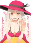  1girl armlet bangs bare_shoulders blush breasts carmilla_(fate/grand_order) carmilla_(swimsuit_rider)_(fate) cleavage collarbone curly_hair dress fate/grand_order fate_(series) hat hat_feather kujiran large_breasts leaning_forward long_hair looking_at_viewer open_mouth pink_dress pink_headwear simple_background sun_hat translation_request white_background white_hair yellow_eyes 