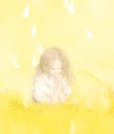  1girl blonde_hair closed_eyes hand_kiss highres holding_hands kakmxxxny06 kiss long_hair original paper_airplane puffy_short_sleeves puffy_sleeves sailor_collar short_sleeves simple_background solo tears yellow_background yellow_theme 