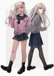  2girls :d absurdres ahoge alternate_costume bangs black_footwear black_legwear blonde_hair blue_skirt blush closed_mouth dual_persona eyebrows_visible_through_hair flower full_body hair_between_eyes hair_flower hair_ornament hand_up highres kantai_collection loafers long_hair long_sleeves looking_at_viewer miniskirt multiple_girls open_mouth pantyhose pleated_skirt purple_eyes ro-500_(kantai_collection) sailor_collar school_uniform shoes simple_background skirt sleeves_past_wrists smile standing sweater tan u-511_(kantai_collection) zippo_teifujou 