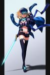  1girl absurdres ahoge artoria_pendragon_(all) baseball_cap black_shorts blonde_hair blue_eyes blue_gloves blue_headwear blue_jacket blue_legwear breasts cleavage closed_mouth crossed_legs fate/grand_order fate_(series) fingerless_gloves frown full_body gloves greenkohgen grey_background hair_between_eyes hat highres holding holding_sword holding_weapon huge_filesize jacket large_breasts long_hair looking_at_viewer mysterious_heroine_x navel open_fly pillarboxed ponytail short_shorts shorts solo standing sword thighhighs track_jacket watson_cross weapon 