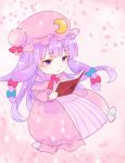  1girl blue_bow blue_ribbon bogyaku_no_m book bow cherry_blossoms chibi crescent crescent_hair_ornament dress eyebrows_visible_through_hair falling_petals frilled_dress frilled_sleeves frills hair_bow hair_ornament hat hat_ribbon long_hair mob_cap patchouli_knowledge purple_eyes purple_hair reading red_bow red_ribbon ribbon sitting striped striped_dress touhou 