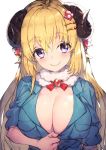  1girl bangs blonde_hair blue_shirt blush breasts brooch cleavage closed_mouth curled_horns hololive horns jewelry large_breasts long_hair looking_at_viewer purple_eyes redcomet sheep_girl sheep_horns shirt simple_background sleeves_rolled_up smile tsunomaki_watame virtual_youtuber white_background wool 