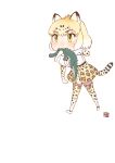  1girl :3 animal animal_ears artist_logo bangs blonde_hair cat_girl center_frills chibi crocodile crocodilian elbow_gloves eyebrows_visible_through_hair full_body gloves gradient_hair highres jaguar_(kemono_friends) jaguar_ears jaguar_print jaguar_tail kemono_friends kishida_shiki light_brown_hair medium_hair miniskirt mouth_hold multicolored_hair print_gloves print_legwear print_skirt shirt short_sleeves simple_background skirt solo tail thighhighs walking white_background white_shirt x_x yellow_eyes zettai_ryouiki 