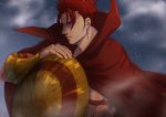  1boy armor bangs bracer cape collar fate/grand_order fate_(series) from_side holding iduhara_jugo leonidas_(fate/grand_order) looking_to_the_side male_focus muscle parted_bangs red_cape red_eyes red_hair shield simple_background solo tattoo upper_body 