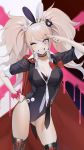 1girl ;d animal_ears arm_up ass_visible_through_thighs black_legwear black_leotard breasts brown_hair bunny_ears bunnysuit cape choker cleavage contrapposto cowboy_shot danganronpa danganronpa_1 enoshima_junko fake_animal_ears grin hair_ornament hand_on_hip highleg highleg_leotard highres large_breasts leotard long_hair looking_at_viewer necktie ohisashiburi one_eye_closed open_mouth purple_eyes ribbon short_sleeves smile solo standing thighhighs thighs twintails wrist_ribbon 