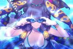  1girl adjusting_eyewear bangs bare_shoulders bead_bracelet beads bikini blue_eyes bracelet breasts cis05 cleavage closed_mouth collarbone fate/grand_order fate_(series) floral_print goggles hair_ornament jewelry katana katsushika_hokusai_(fate/grand_order) katsushika_hokusai_(swimsuit_saber)_(fate) long_hair looking_at_viewer medium_breasts octopus purple_hair sash sidelocks smile swimsuit sword tokitarou_(fate/grand_order) underwater weapon white_bikini 