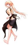  1girl :d absurdres alternate_hairstyle apron bangs black_apron black_shorts blonde_hair christiane_friedrich eyebrows_visible_through_hair floating_hair from_side full_body hair_between_eyes highres ikki_(tue_sein_bestes) long_hair maji_de_watashi_ni_koi_shinasai! mole mole_under_eye open_mouth ponytail purple_eyes shirt short_shorts shorts simple_background sleeves_rolled_up slippers smile solo very_long_hair white_background yellow_shirt 