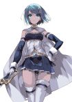  1girl absurdres blue_eyes blue_hair breasts capelet cloak detached_sleeves expressionless gloves hand_on_hip highres looking_at_viewer mahou_shoujo_madoka_magica midriff miki_sayaka misteor musical_note_hair_ornament saber_(weapon) short_hair small_breasts solo sword thighhighs thighs weapon white_background white_capelet white_gloves white_legwear zettai_ryouiki 