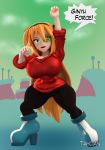  3d_(artwork) big_breasts blender_(software) breasts clothed clothing digital_media_(artwork) dragon_ball dragon_ball_z elf felicia_(tahlian) female fist freckles fully_clothed gesture ginyu_force green_eyes green_sky hair hi_res humanoid humanoid_pointy_ears long_hair not_furry orange_hair scouter short_stack simple_background solo speech_bubble tahlian thick_thighs wide_hips 