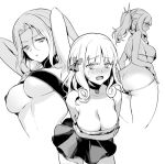  1girl armpits arms_behind_head arms_up ass back bangs bare_shoulders bikini blush breasts carmilla_(fate/grand_order) cleavage curly_hair dress fate/grand_order fate_(series) greyscale halterneck large_breasts leaning_forward long_hair looking_at_viewer looking_back micro_bikini monochrome multiple_views open_mouth parted_bangs ponytail short_dress simple_background swimsuit thick_thighs thighs vivi_(eve_no_hakoniwa) white_background 