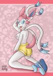  2020 absurd_res anthro anthrofied bottomwear breasts clothed clothing eeveelution female footwear hi_res hushed-kitty kneeling long_ears looking_at_viewer looking_back looking_back_at_viewer nintendo pasties pok&eacute;mon pok&eacute;mon_(species) pok&eacute;morph shoes shorts signature simple_background small_breasts solo sylveon topless video_games white_body yellow_bottomwear yellow_clothing yellow_shorts 