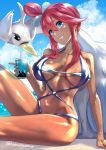  1girl artist_name bangs blue_eyes blush breasts clenched_teeth cloud collarbone commentary_request cup day drinking_straw eyelashes fuuro_(pokemon) gen_5_pokemon gym_leader hair_between_eyes hair_ornament highres holding holding_cup large_breasts long_hair navel outdoors pokemon pokemon_(creature) pokemon_(game) pokemon_bw purple_swimsuit red_hair shiny shiny_hair shiny_skin sidelocks sitting sky smile swanna swimsuit teeth uenoryoma water watermark 
