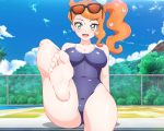  1girl :d barefoot blue-senpai blush breasts cloud covered_navel day eyelashes eyewear_on_head feet green_eyes hair_ornament heart heart_hair_ornament large_breasts leg_up long_hair looking_at_viewer mixed-language_commentary one-piece_swimsuit open_mouth orange_hair outdoors palm_tree pokemon pokemon_(game) pokemon_swsh pool shiny shiny_hair shiny_skin shiny_swimsuit side_ponytail sitting sky smile soles solo sonia_(pokemon) sunglasses swimsuit tiles toes tongue tree water 