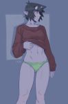  1girl :/ artist_name ass_visible_through_thighs black_hair brown_sweater clothes_lift collarbone commentary english_commentary eyebrows_visible_through_hair green_panties highres horns ittla lifted_by_self long_sleeves looking_away navel no_pants oni oni_horns original panties pointy_ears purple_skin short_hair simple_background skin-covered_horns solo stomach sweater sweater_lift thick_eyebrows ume_(ittla) underwear yellow_eyes 
