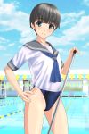  1girl absurdres bangs black_hair blush cameltoe cloud commentary_request competition_swimsuit day eyebrows_visible_through_hair fingernails green_eyes grey_sailor_collar hand_on_hip highres holding one-piece_swimsuit original outdoors parted_lips pool pool_ladder sailor_collar school_uniform serafuku shiny shiny_hair shirt short_hair sky solo standing swimsuit swimsuit_under_clothes takafumi teeth white_shirt 