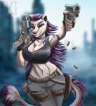  anthro breasts clothed clothing digital_media_(artwork) felid feline female fur gun hair handgun hi_res lion mammal pantherine ranged_weapon ratha_grim simple_background smile smoking solo soranihanabi weapon 