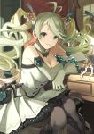  1girl ahoge breasts cleavage de_la_fille detached_collar dress drill_hair elbow_gloves feb_itk gem gloves granblue_fantasy highres jewelry jewelry_box large_breasts mirror necklace pantyhose pearl_necklace sitting smile twintails 