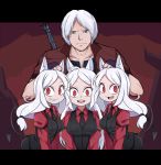  1boy 3girls animal_ears bangs black_suit black_tail black_vest caibao cerberus_(helltaker) closed_mouth coat collarbone commentary crossover dante_(devil_may_cry) demon_girl demon_tail devil_may_cry dog_ears dog_girl english_commentary eyebrows_visible_through_hair facial_hair fang fingerless_gloves formal gloves green_eyes grin hand_on_another&#039;s_head height_difference helltaker highres leaning_forward letterboxed long_hair long_sleeves looking_at_viewer matching_outfit multiple_girls neckwear open_mouth parted_bangs red_shirt shirt short_hair smile suit sword tail triplets upper_body upper_teeth v_arms vest weapon weapon_on_back white_hair 