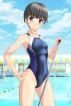  1girl absurdres bangs black_hair blush breasts cameltoe cloud collarbone competition_swimsuit day eyebrows_visible_through_hair fingernails green_eyes hand_on_hip highres holding one-piece_swimsuit original outdoors parted_lips pool pool_ladder shiny shiny_hair short_hair skin_tight sky small_breasts solo standing swimsuit takafumi teeth water 