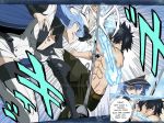  1boy 1girl akame_ga_kill! battle black_eyes black_hair blue_eyes blue_hair boots breast_tattoo breasts chest_tattoo choker cleavage commentary crossover crystal_sword english_commentary esdeath evil_grin evil_smile fairy_tail fighting gray_fullbuster grin hair_between_eyes hat henil031 holding holding_sword holding_weapon ice jewelry large_breasts long_hair military military_uniform muscle necklace peaked_cap sadism smile speech_bubble spiked_hair sword tattoo thigh_boots thighhighs uniform very_long_hair weapon whip_marks 