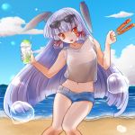  1girl alternate_costume bangs beach blunt_bangs crop_top eyebrows_visible_through_hair fudeyama_(fudeco) hair_ribbon headgear highres kantai_collection lavender_hair long_hair murakumo_(kantai_collection) navel orange_eyes ribbon short_shorts shorts sidelocks sleeves_rolled_up solo sunglasses tress_ribbon very_long_hair 