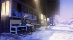  1girl bag bench black_legwear breath commentary english_commentary idolmaster idolmaster_shiny_colors jacket kneehighs long_hair oosaki_tenka red_hair sakeharasu scarf scenery sitting snow solo train_station_platform twilight winter winter_clothes 