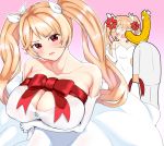  1girl absurdres anger_vein angry annoyed arm_under_breasts azur_lane bangs blonde_hair blush breasts cleavage collarbone commander_(azur_lane) dress eyebrows_visible_through_hair hair_ribbon highres large_breasts long_hair looking_at_viewer nelson_(azur_lane) open_mouth pink_background red_eyes ribbon simple_background twintails ushimittsu very_long_hair wedding_dress white_dress 