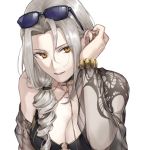  1girl bangs bare_shoulders bikini black_bikini bracelet breasts carmilla_(swimsuit_rider)_(fate) chain choker cleavage curly_hair eyewear_on_head fate/grand_order fate_(series) forehead grey_hair hair_over_shoulder jewelry kouzuki_kei long_hair looking_at_viewer o-ring parted_bangs parted_lips sheer_clothes side_ponytail simple_background sunglasses swimsuit white_background yellow_eyes 