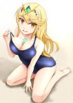  1girl ass bangs blonde_hair breasts cameltoe cleavage eyebrows_visible_through_hair feet full_body gem gradient gradient_background hair_ornament hand_on_floor hands headpiece highres hikari_(xenoblade_2) jewelry kuro_(be_ok) large_breasts legs long_hair looking_at_viewer one-piece_swimsuit open_mouth pose sand shadow simple_background sitting smile solo swept_bangs swimsuit teasing thighs tiara very_long_hair wet xenoblade_(series) xenoblade_2 yellow_eyes 