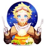  1boy alternate_costume artist_name bangs blonde_hair blue_eyes blush bright_pupils cake fate/grand_order fate/requiem fate_(series) food fork fruit gloves glowing goggles goggles_on_head kiwifruit knife looking_at_viewer male_focus meiji_ken napkin open_mouth orange parted_bangs raspberry scarf sky smile solo sparkling_eyes star_(sky) star_(symbol) starry_background starry_sky upper_body voyager_(fate/requiem) yellow_scarf 
