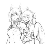  2girls ahoge ahoge_wag angel angel_wings bare_shoulders blush braid breasts collarbone expressive_hair eyebrows_visible_through_hair feathers from_behind hair_between_eyes haohi_(less) less long_hair looking_at_viewer medium_breasts monochrome multiple_girls navel nipples original pointy_ears ponytail shirt_lift short_hair skin_tight sleeveless stomach tight twin_braids upper_body white_background wings wrist_cuffs yuri 