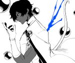  1boy arjuna_(fate/grand_order) artist_name bangs black_eyes black_hair cape collar dark_skin dark_skinned_male fate/grand_order fate_(series) gloves greyscale hair_between_eyes hand_up highres jewelry looking_down male_focus monochrome open_hand partially_colored rozu_ki side_cutout solo sphere upper_body weapon white_background white_gloves 