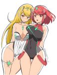  2girls arms_behind_back awesomeerix bangs bare_shoulders blonde_hair blush breast_press breasts check_commentary cleavage commentary commentary_request competition_swimsuit covered_navel dual_persona earrings english_commentary eyebrows_visible_through_hair gem hair_ornament highres hikari_(xenoblade_2) homura_(xenoblade_2) jewelry large_breasts looking_at_viewer multiple_girls multiple_persona nervous nintendo one-piece_swimsuit pose red_eyes red_hair short_hair shy sidelocks simple_background skindentation smile standing swept_bangs swimsuit thick_thighs thigh_strap thighs white_background xenoblade_(series) xenoblade_2 yellow_eyes 