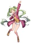  1girl ^_^ ^o^ ahoge ao_no_kiseki arm_up bangs bare_legs black_shirt breasts chinese_commentary closed_eyes commentary cross-laced_footwear eiyuu_densetsu eyebrows_visible_through_hair feng_you full_body green_hair hood hooded_jacket jacket kea_(eiyuu_densetsu) long_hair long_sleeves looking_at_viewer open_clothes open_jacket open_mouth parted_bangs red_jacket sen_no_kiseki sen_no_kiseki_4 shirt shoes short_shorts shorts simple_background small_breasts smile solo thighs twintails undershirt white_background white_shorts yellow_footwear yellow_shirt zero_no_kiseki 