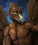  2020 accipitrid accipitriform anthro avian beak bird brown_body brown_fur digital_media_(artwork) eyebrows eyelashes feathered_wings feathers fur headshot_portrait hi_res male melzi muscular muscular_male nipples nude portrait solo wings yellow_eyes 