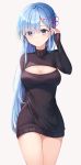  1girl absurdres alternate_hair_length alternate_hairstyle bangs blue_eyes blue_hair breasts cleavage cleavage_cutout commentary eyebrows_visible_through_hair hair_ornament hair_over_one_eye hair_ribbon highres large_breasts long_sleeves looking_at_viewer pink_ribbon re:zero_kara_hajimeru_isekai_seikatsu rem_(re:zero) ribbon simple_background solo sweater turtleneck turtleneck_sweater white_background x_hair_ornament yeorem 