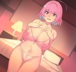  1girl \n/ ahoge bangs bed bedroom bikini breasts commentary_request eyebrows_visible_through_hair fang hair_between_eyes hand_on_own_chest highres idolmaster idolmaster_cinderella_girls indoors lampshade large_breasts looking_at_viewer multicolored_hair nipples open_mouth panties pillow pink_eyes pink_hair see-through short_hair standing swimsuit thighs two-tone_hair underwear white_bikini yodareane yumemi_riamu 
